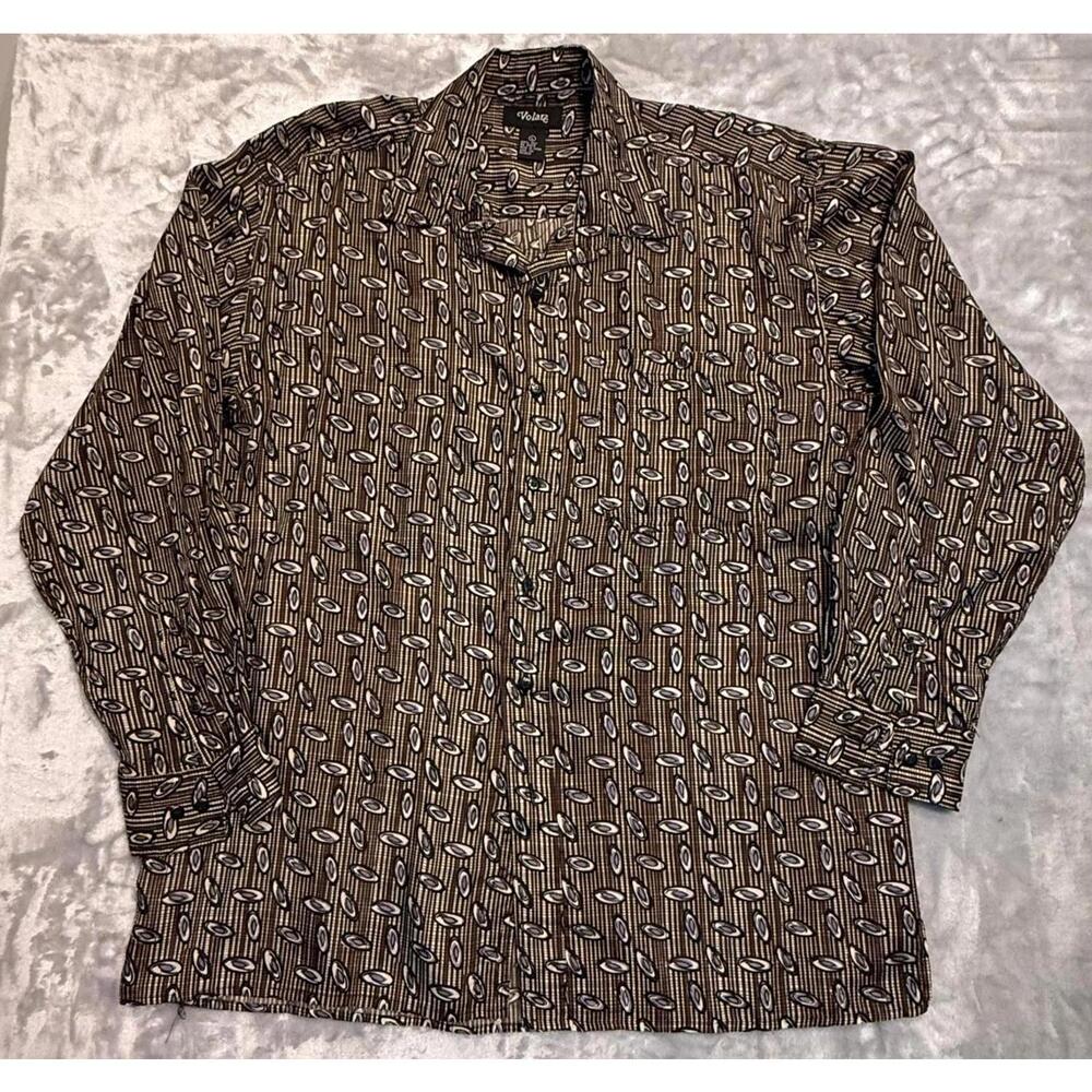 VTG Volare Mens 100% Silk‎ Button Down Shirt Large Earthy Tones Retro-Luxe 70's